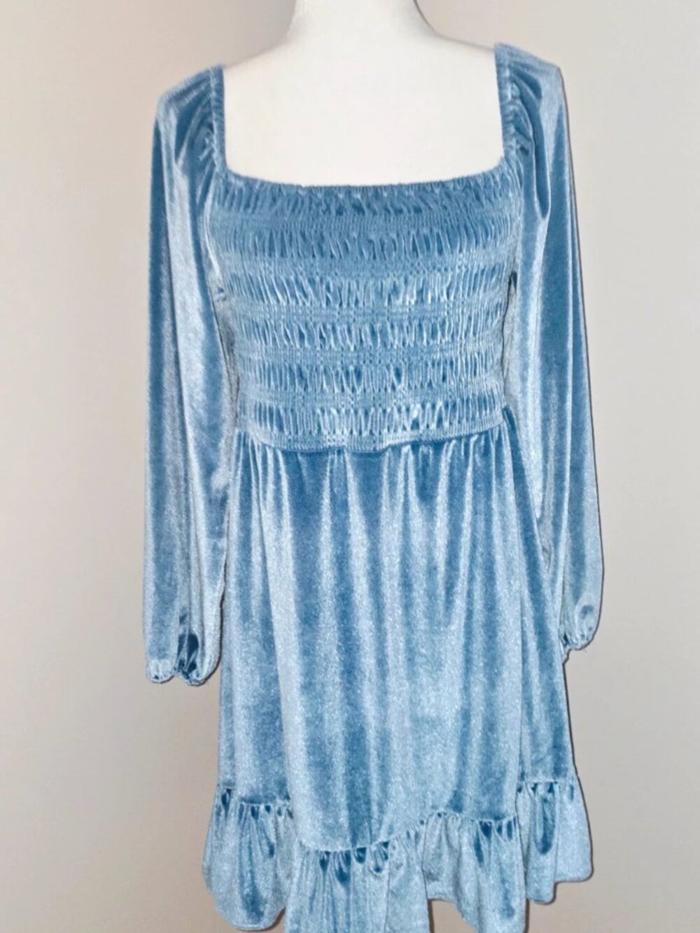 NWT LC Lauren Conrad smocked velvet mini dress blue long sleeve